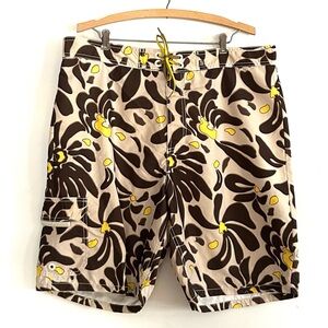 GAP Cargo Swim Shorts Tropical Print Brown and Yellow